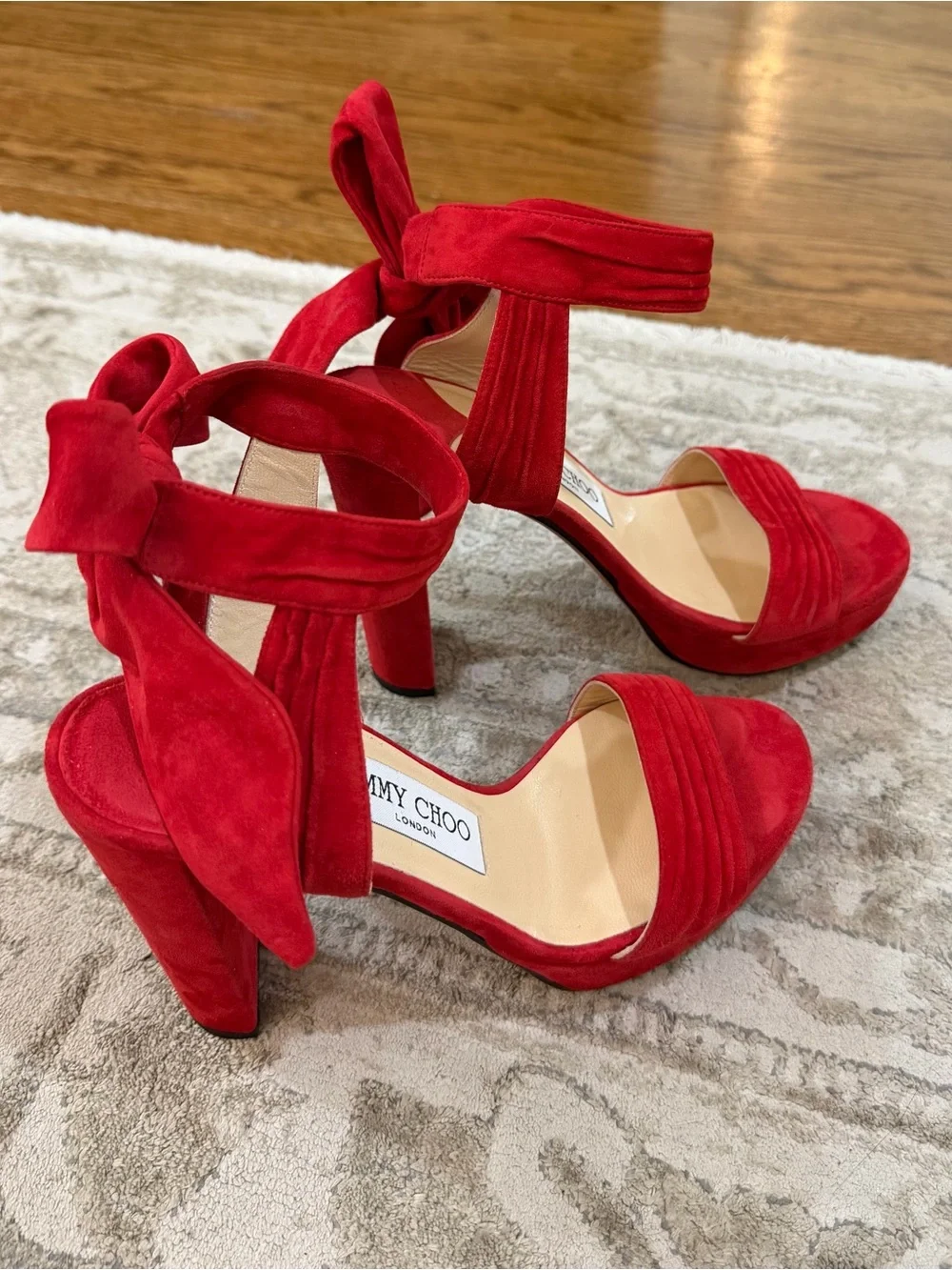 Jimmy Choo Red Soft Suede Kaytrin 120,5 inch Platform Block Heels with Ankle Bow